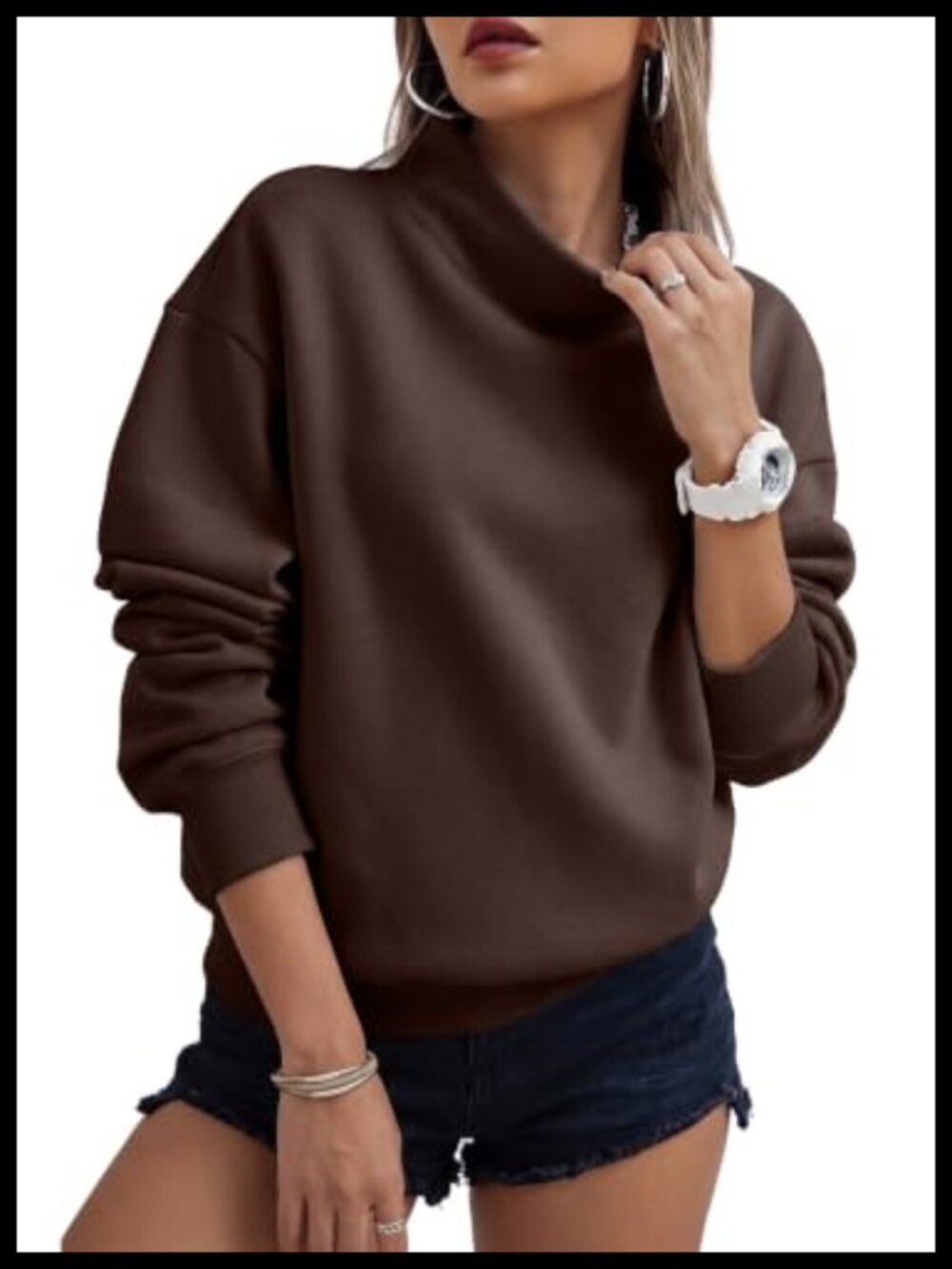 Womens Mock Neck Oversized Sweatshirt Cotton Fleece Pullover